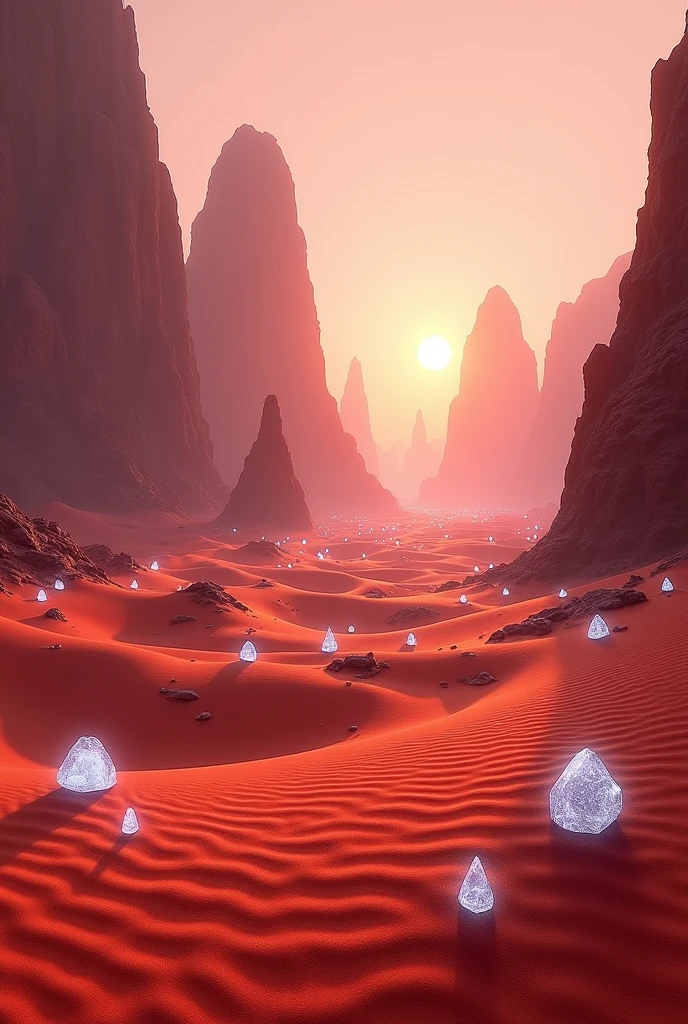A desert of red sands with small white crystals scattered throughout the sand and large dunes