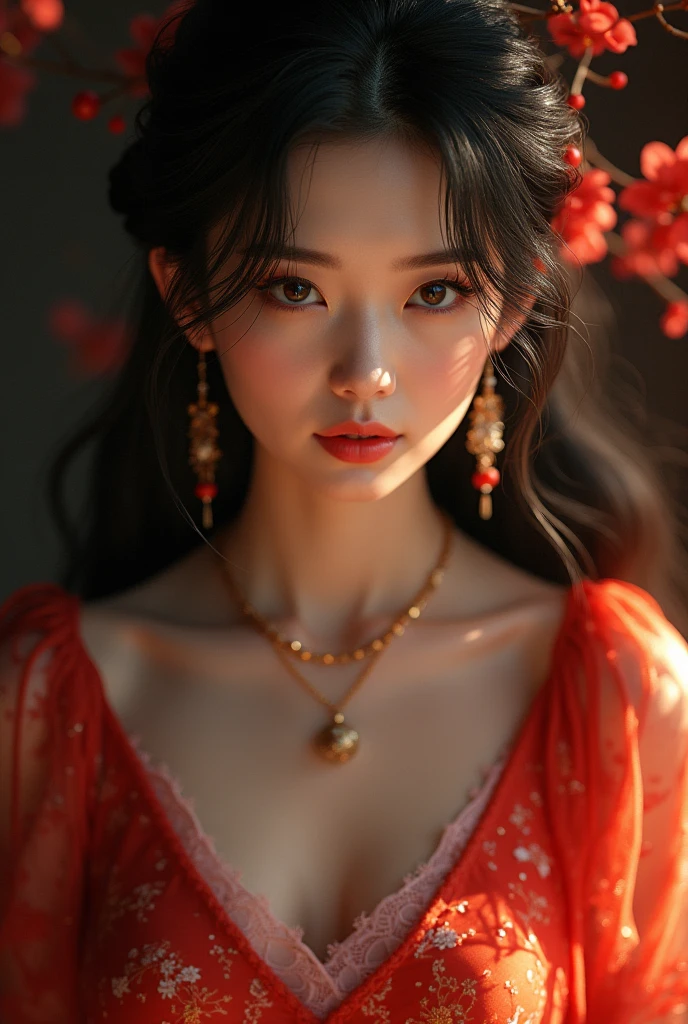 a beautiful oriental woman without nationality, beautiful detailed eyes, beautiful detailed lips, extremely detailed eyes and face, long eyelashes, elegant intricate dress, graceful pose, flowing hair, glowing skin, photorealistic, 8k, hyperdetailed, award winning digital art, vibrant colors, dramatic lighting, cinematic composition, chiaroscuro, oil painting aesthetic