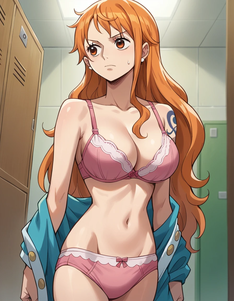 score_9, score_8_up, score_7_up, source_anime, best quality, clear face, Nami, orange hair, orange eyes, long hair, large breasts, perfect body, standing, looking away, underwear, pink bra, pink pantie, cowboy shot, dynamic angle, washroom, dressing room, undressing,