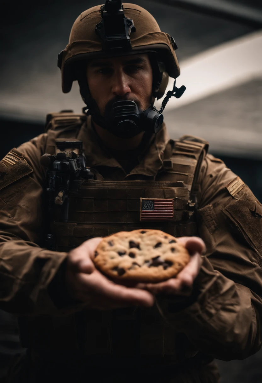 A US special forces soldier is holding a fat chocolate chip cookie in his hand; realisitic; 4K; best photographer in the world; maximum perfection; professional foto;