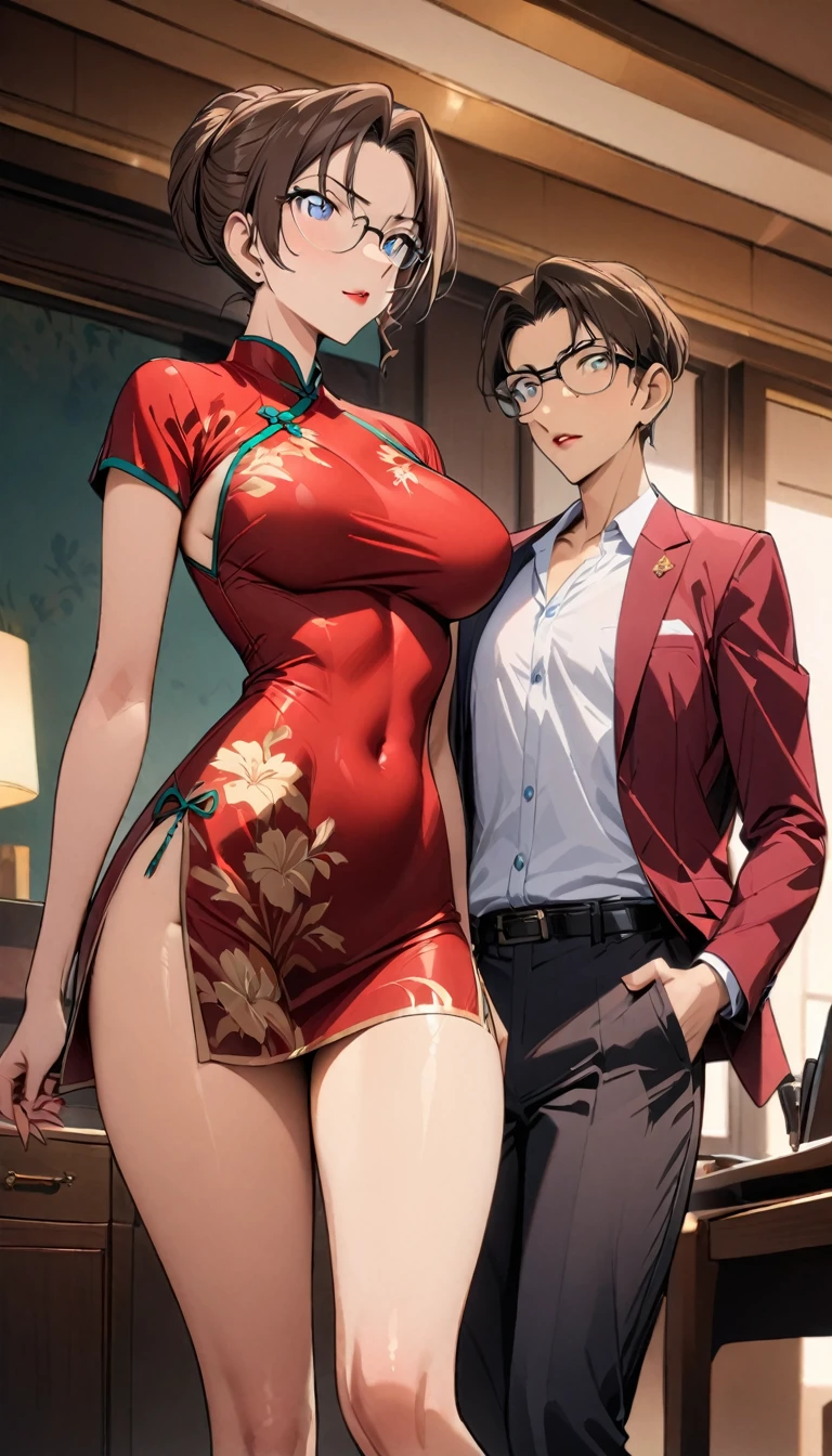 Wearing a red gaudy cheongsam with red lipstick, a beautiful woman with brown hair, a single person, a perfect body, and glasses，highest quality，masterpiece