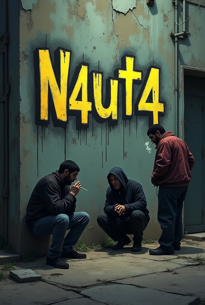 Graffiti written on wall " N4ut4 " dark depressive with cigarettes and marijuana