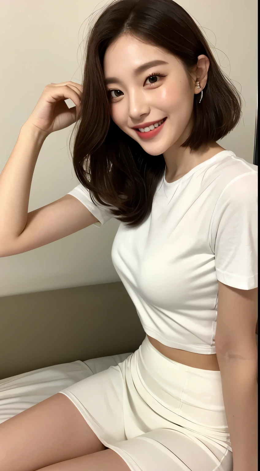 White tight skinny shirt、White Mini Skirt、bed、smile、Short sleeve、High resolution、Korean idol face、double eyelid、White teeth、short hair