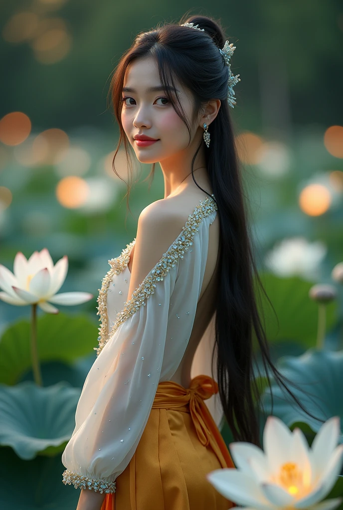 In the wind of the evening stars, of the evening stars, blowing small white flower petals, full-body picture of a beautiful, sweet young woman, 25 years old, wearing a white Thai dress with blue and gold sparkles, a gold sarong, a golden orange silk skirt, long black hair, long black hair tied loosely. The scene is beautiful like a dream, a scene of a beautiful lotus pond, small orange, glowing light, 3D picture, oil painting, sharp picture.