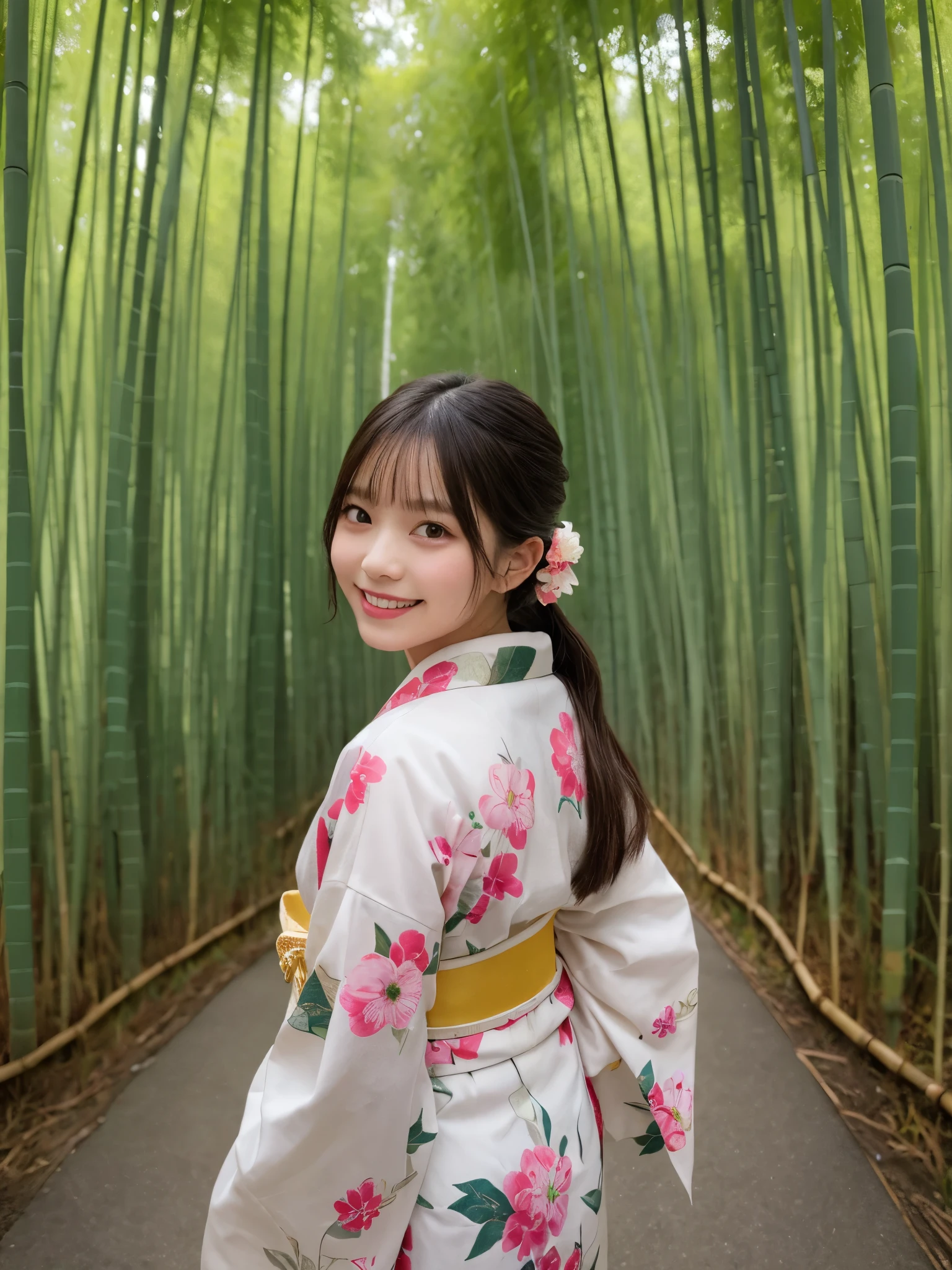  1girl, 12 years old, cute and beautiful, solo, highres, best_quality, masterpiece, detailed_background, intricate_details, beautiful, kyoto, arashiyama, bamboo_forest, nature, traditional_clothes, kimono, walking, back_view, serene, smile, dynamic_pose, natural_pose, candid, happy
