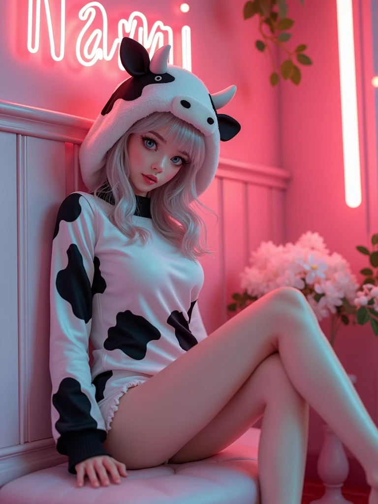 A woman in a cow costume poses for a photo, the spotty text "Nami" on the wall, inspired by Edo Murtich, tumblr, gorgeous bikini model, anime Barbie doll, ultra-realistic cute bunny girl inspired by Nier : automata