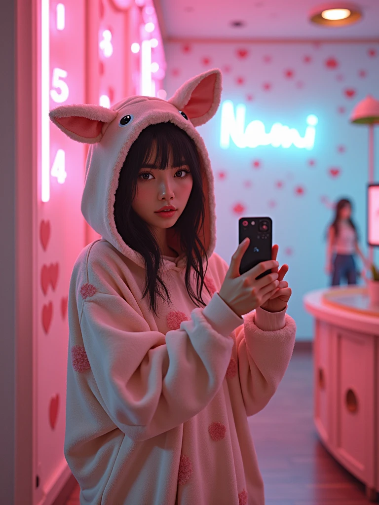 A woman in a cow costume poses for a photo, the spotty text "Nami" on the wall, inspired by Edo Murtich, tumblr, gorgeous bikini model, anime Barbie doll, ultra-realistic cute bunny girl inspired by Nier : automata