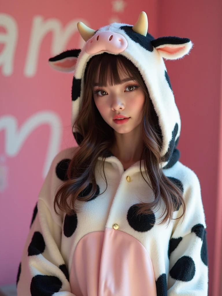 A woman in a cow costume poses for a photo, the spotty text "Masha" on the wall, inspired by Edo Murtich, tumblr, gorgeous bikini model, anime Barbie doll, ultra-realistic cute bunny girl inspired by Nier : automata