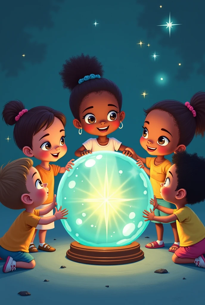 I need an image where there are five humble children around a LILAC crystal globe and they are all smiling and holding hands. I also need them to look like they've been drawn, as is they were cartoon characters. One of the children needs to be black. Without a background. Square image and I need children not to look so much like they were made by artificial intelligence