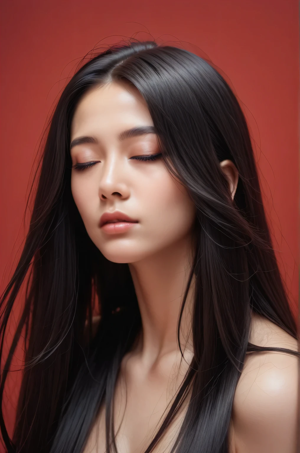 ,score_9,score_8_superior,score_7_superior, 20-year-old, 8k, High resolution, beautiful girl, Black Hair, Very long hair, Straight hair, Mouth closed,
One girl, Detailed face, Beautiful woman face, Red background, View your viewers,
