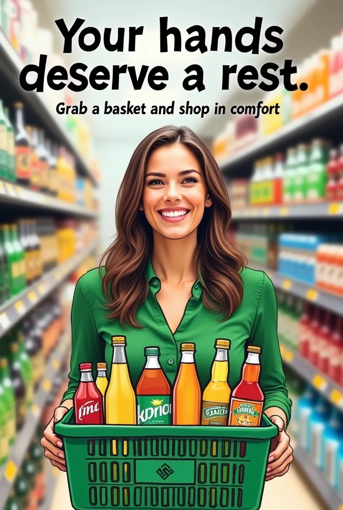 Draw a sign 25 cm high by 35 cm wide showing a young woman, with brown hair and a green blouse, holding a basket full of drinks and smiling. She is in the aisle of a supermarket, with shelves of drinks in the background. The basket is green and clearly visible in her hand.. On top of the plate, write in bold the sentence &#39;Your hands deserve a rest. Grab a basket and shop in comfort&#39; in Portuguese Brazil. Use a colorful, inviting design that captures attention and encourages customers to use the baskets.