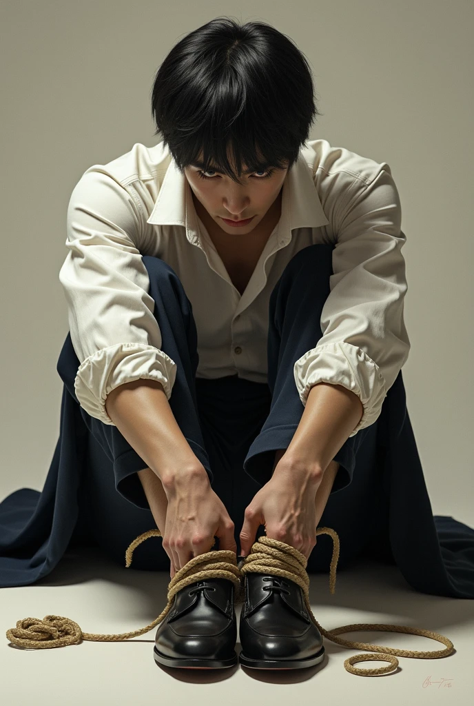 A handsome Japanese man with his feet tied with rope while wearing shoes