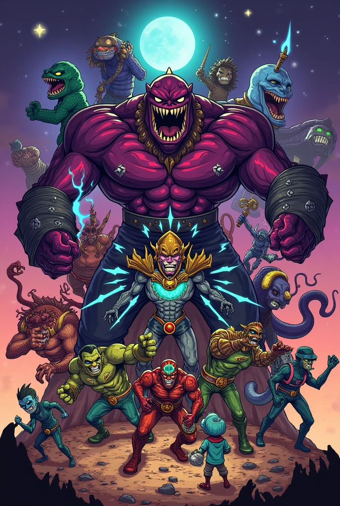 All Terraria bosses gathered in a JoJo's Bizarre Adventure style pose, in a surreal and dynamic setting. Imagine Plantera, golem, o Duke Fishron e o Moon Lord em um fundo vibrante, with an exaggerated and energetic design. Each boss is in a dramatic, stylized pose, with striking visual effects and an epic atmosphere reminiscent of the battle scenes from JoJo's, highlighting their unique features and imposing expressions.