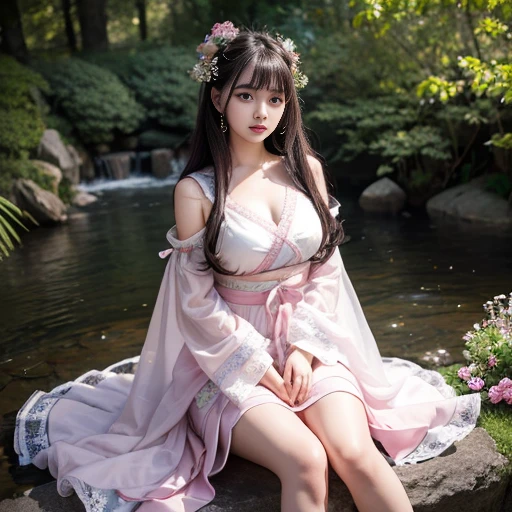 best quality, Delicate face,beautiful visual work, lifelike, eternity, black hair, Long curly hair, blunt bangs, Smile, Detailed Background, Delicate face,blush,cold,((masterpiece))、(top quality)、8k、high detail、Super detailed,21 years old female,身穿唐制Hanfu、waist skirt, Clothes are light and fluffy,Hanfu, wide sleeves, Transparent sleeves, Tunic, Clothes made of chiffon, Seductive and whimsical style、masterpiece、born、Scenes resembling fairy tale illustrations、intricate details和複雜的設計、Beautifully、magic、capricious、 Beautifully、Dream aesthetics、「𝓡𝓸𝓶𝓪𝓷𝓽𝓲𝓬、ethereal、charming、fickle、magic」、realism、Visual effects、FXAA、SSAO、Shader、voiceless、ambient lighting、Tone mapping、High resolution、Ultra high quality、Million pixels、(8K resolution:1.10)、8k、8k以下、8K resolution、high detail、intricate details, (high quality:1.2、masterpiece:1.2、:1.21)、(21 years old female:1.21)、(興奮地Smile)、(被dream般的氛圍所包圍、Model diagram,full-body shot,Normal 2 feet,Put your hands behind you,The protrusion of the breast is visible when wearing clothes, Large Breasts, H cup chest, antiquity, Xian Xia, gauze clothes, Soft and fluttering, Fairy, dream, fantasy, light, Elegant, nature, Immortal, romantic, classical, ribbon, pink clothes, By the stream, sitting, The big skirt is spread on the floor, hands in sleeves, Large skirt, The big skirt is spread on the floor, big hemline