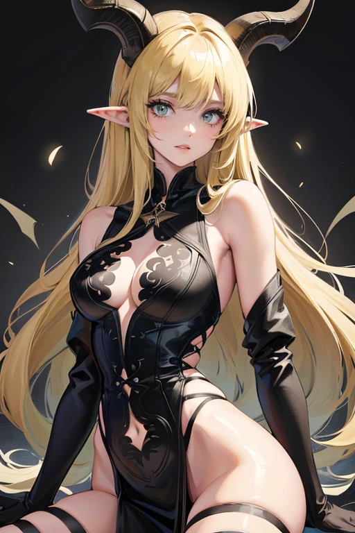 )a thin woman with long blonde hair, woman has green eyes, black sexy emo outfit, demon ram horns, elf ears) best quality, adorable, ultra-detailed, illustration, complex, detailed, extremely detailed, detailed face, soft light, soft focus, perfect face. illustration:full body