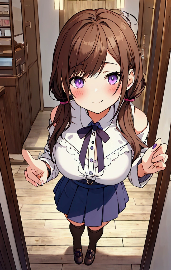 Full body image，anime，(masterpiece: 1.2, Highest quality), (Intricate details), 1. Female, alone, Standing，The ability to steal someone else&#39;s face, casual, Shoulder-length hair, Low twin tails，Brown Hair，Purple demon eyes，Minimal makeup, Natural materials, Other Faces, I&#39;m happy to get a cute face，satisfaction，smile, Home, A face stolen from someone else, Blue eyes, Large Breasts, Black knee socks，mini skirt，{{A woman who liked her face so much that she took the skin off her face and made it her own}}，Different hairstyle，different breast size, different clothes，Super detailed，Ultra-detailed，Official Art，Realistic Movement，masterpiece，front, NSFW