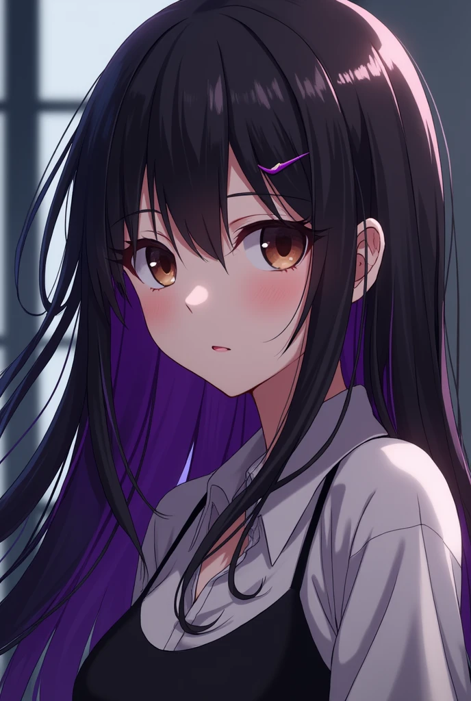 A girl from Karasuno with long hair with violet highlights, a piercing, and brown eyes.