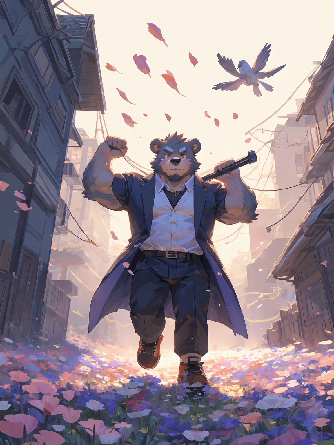 ultra-detailed,extremely detailed and beautiful, sky and white cloud and sunset glow background,ultra-detailed birds, (floating city in bloom, Floating petals, blooming gardens in the sky, many vines on the wall:1.2),Imagination,(masterpiece:1.2), best quality,pixiv,official art,perfect anatomy, (Ray tracing, light),solo, (1_male:1.3) , (muscle), (grey fur:1.4), (muscle bear), (beard:1.2), (gleaming golden eyes), bear tail, full body, Thick black eyebrows,open Duffel Coat,Cardigan,tie,whirt shirt,Chino,Penny shoes, (pure white background: 1.3), looking at viewer,dynamic pose, character in the middle, less background