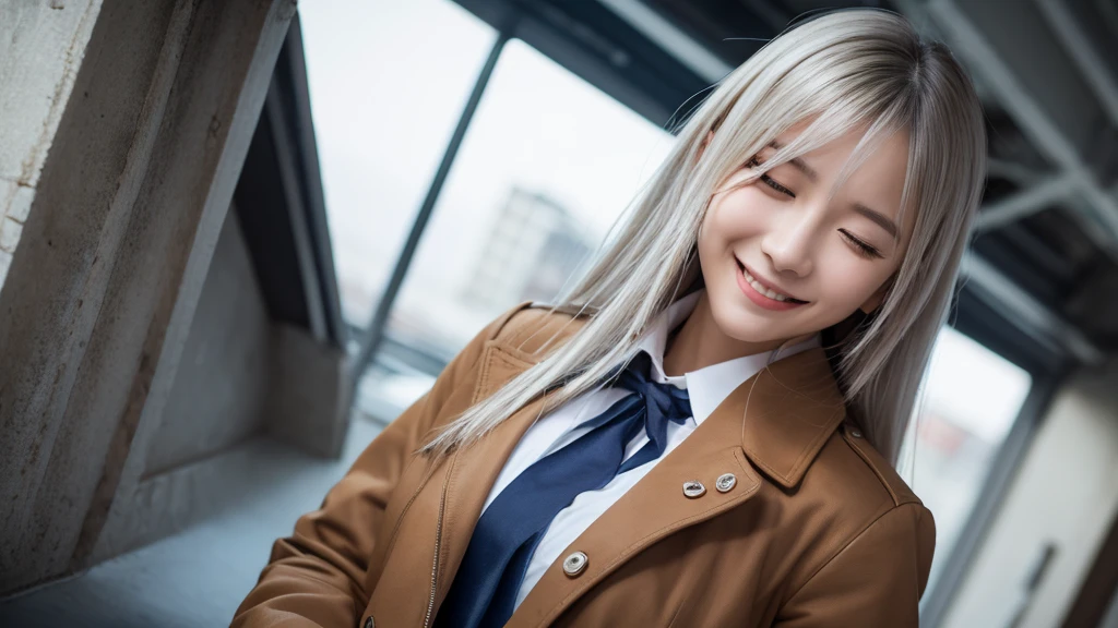 1girl,  alisa mikhailovna kujou,tokidoki bosotto roshia-go de dereru tonari no arya-san,solo, long hair, eyebrows visible through hair, hair between eyes, silver hair, hair ribbon, blue eyes, medium breasts, school uniform,long sleeves, jacket,
looking at viewer, upper body, dutch angle,closed mouth, one eye closed, light smile,
best quality, very aesthetic, absurdres,