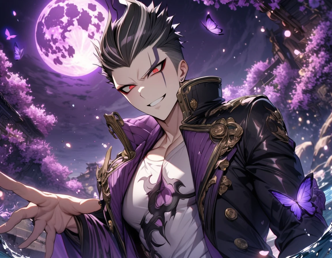 absurdres, highres, ultra detailed, HDR, master piece, best quality, extremely detailed, Tanaka Gundham, black hair, expressive red eyes, Danganronpa, solo, sexy man, handsome, handsome smile, sensual, horny, purple scarf, black coat, white T-shirt, magical, shining, purple flowers, blossoms, water, purple petals, purple butterflies, sparkling, purple moon, starry sky
