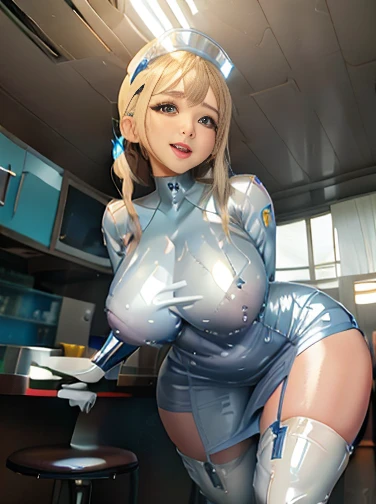 Blonde with bangs　　Big Breasts　Cleavage　Big smiling eyes 　On the roof of a building in clear weather　((Racing team bodycon dress made from shiny white and blue patent leather with sponsor lettering.))　((Enamel Knee High Boots))　plump thighs　8k　Sit with your legs apart　Drawn from below