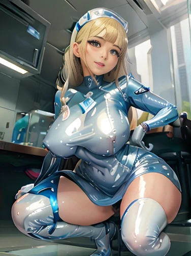 Blonde with bangs Big Breasts Cleavage Big smiling eyes On the roof of a building in clear weather ((Racing team bodycon dress made from shiny white and blue patent leather with sponsor lettering.)) ((Enamel Knee High Boots)) plump thighs 8k Sit with your legs apart Drawn from below