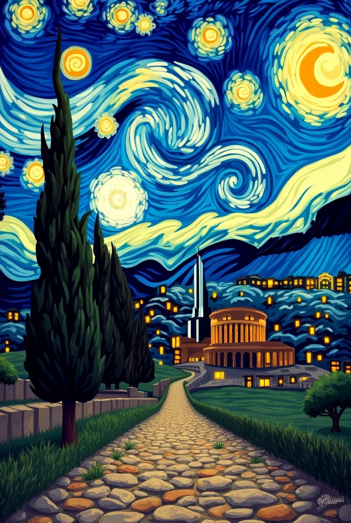 Recreate Vincent van Gogh's 'Starry Night', replacing the cypress in the composition with a Colosseum. Keep the same cypress color palette for the Colosseum, so that the Colosseum integrates harmoniously into the scene, maintaining the atmosphere and details of the original work