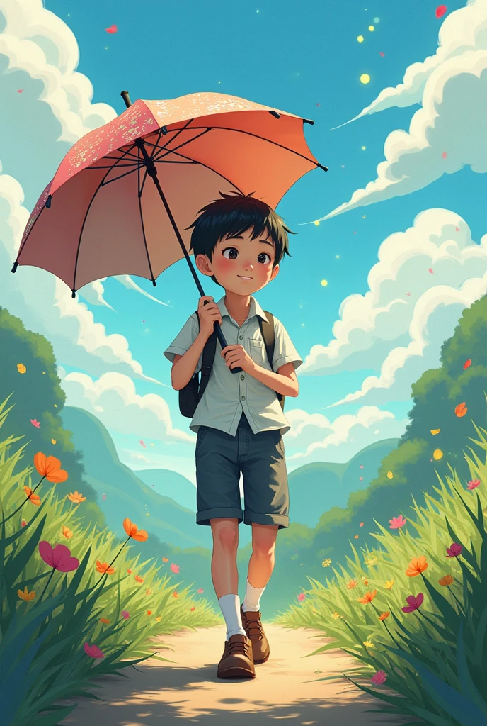 A boy with a umbrella  create  a image in anima