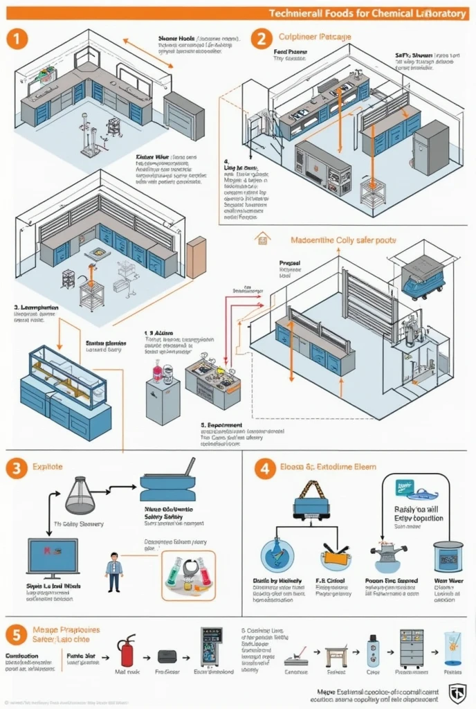 Make me a diagram, either with drawings or arrows, of the procedure and precautions for a chemical laboratory.