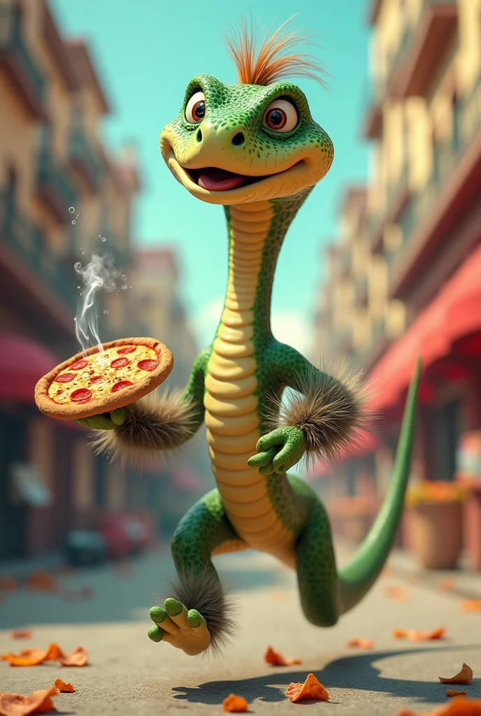 funny snake with hairy armpit, running and holding pizza 