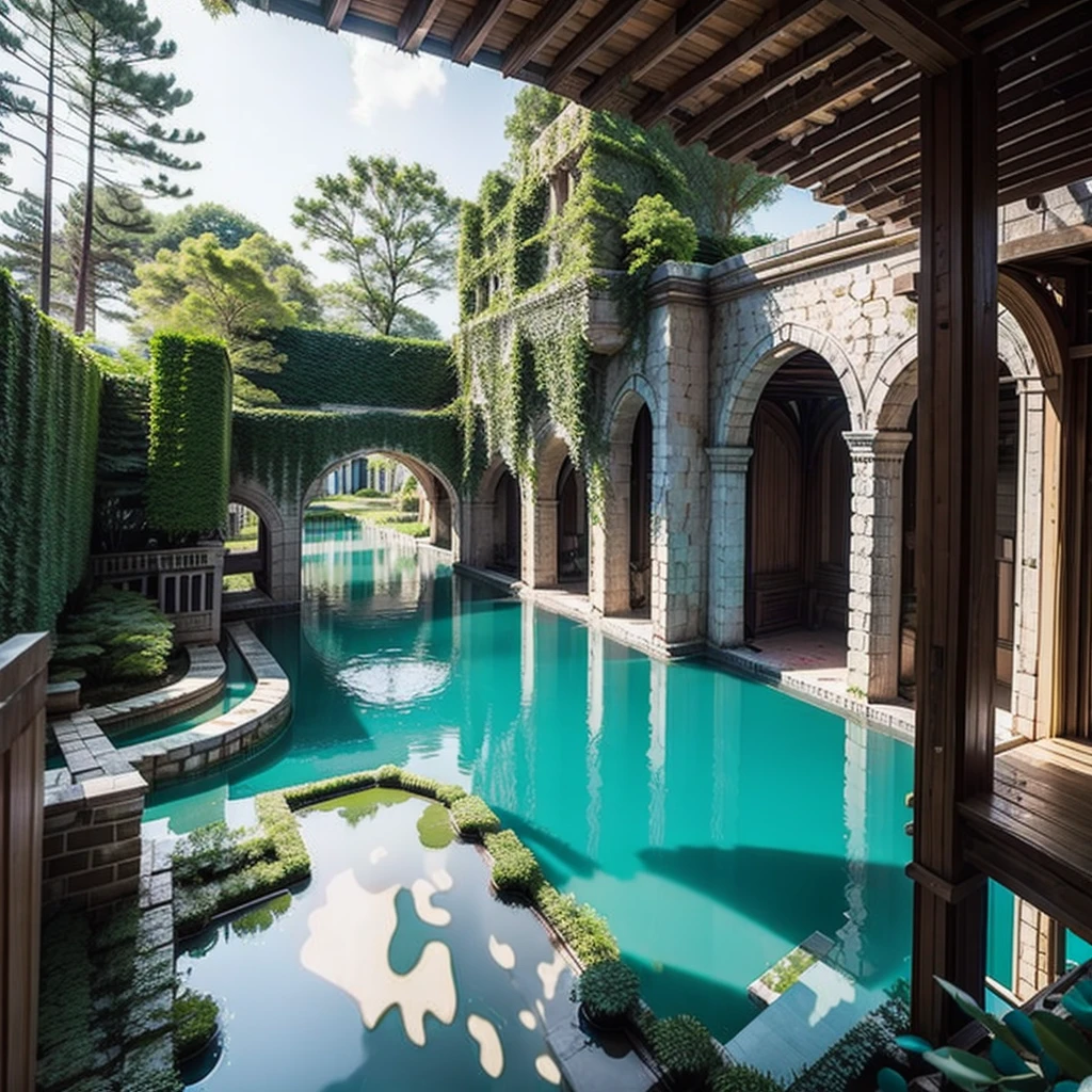 Circular tunnel in ruins with holes in the roof, view of trees, puddles of water on the floor and green crystals, cerulean, white and red 