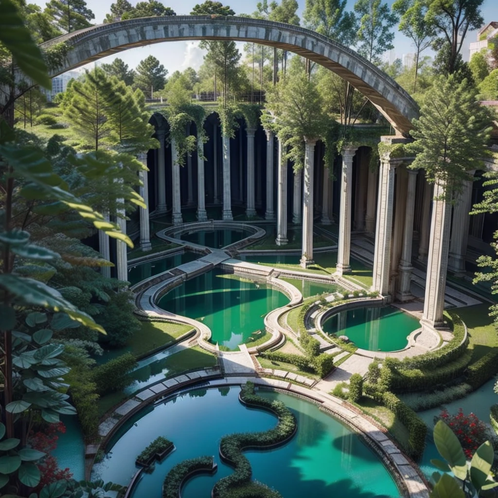 Circular tunnel in ruins with holes in the roof, view of trees, puddles of water on the floor and green crystals, cerulean, white and red 