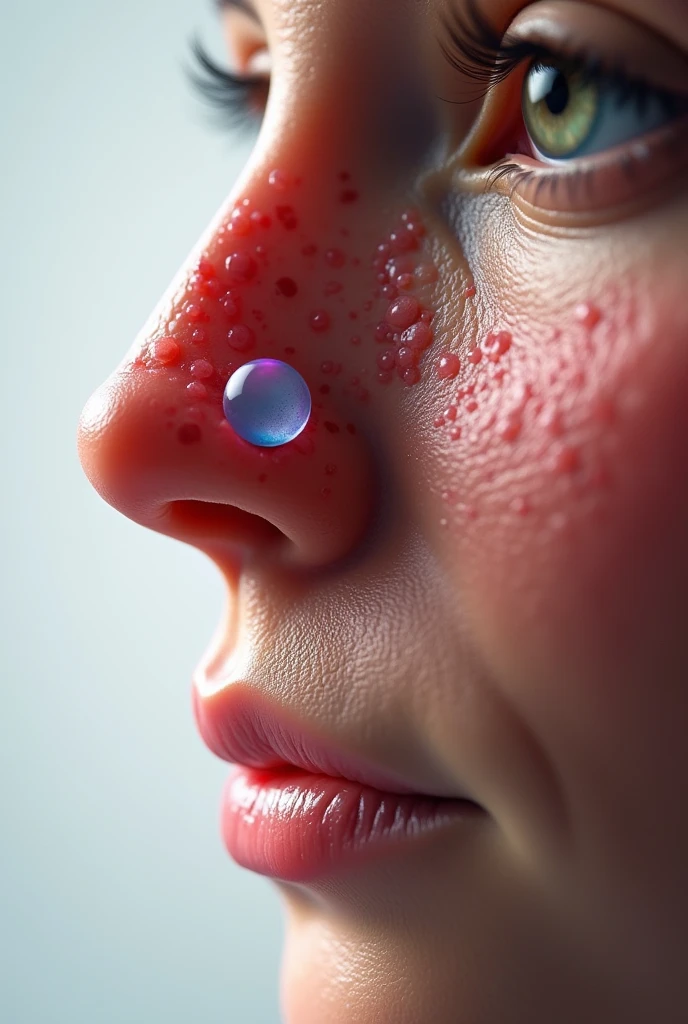 Nose close up where nasal hairs and mucus can be seen and an oxygen molecule can be seen entering through the nostrils