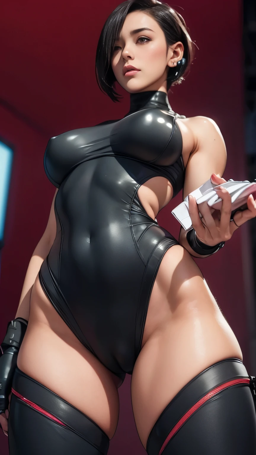 (A woman),(((A female special forces member stands))),((Maroon tactical High leg bodysuit:1.5)),((earphone:1.5)),((Tactical Holster:1.5)),(Gloves:1.5),(Serious:1.5),(Super short hair:1.5),(bionde:1.5),(beautiful eyes:1.3),(Very detailedな顔:1.5),((Very detailed drawing of a female hand:1.5)),((muscular:1.5)),(Sexy appearance:1.5),((Thick thighs:1.5)),(Beautiful Body:1.5),((Very sensual:1.5)),(The backdrop is a futuristic city:1.5),(Cyberpunk atmosphere:1.5),(((Blurred Background:1.5))),(Written border depth:1.5),rest(((masterpiece:1.5),(best quality:1.5),(Very detailed:1.5),(high resolution:1.5),(Practical:1.5),(Practical:1.5),(Delicate depiction),(Carefully drawn))),8k,wallpaper,from below:1.2,(((cameltoe:1.2)))