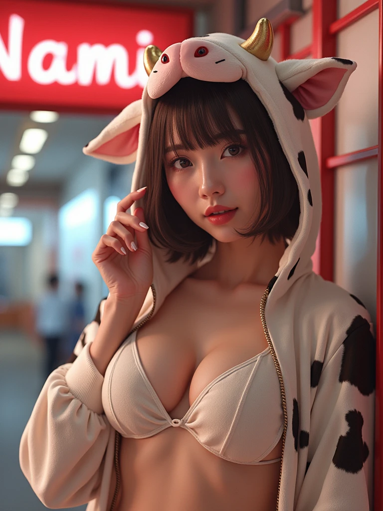 A woman in a cow costume poses for a photo, the spotty text "Nami" on the wall, inspired by Edo Murtich, tumblr, gorgeous bikini model, anime Barbie doll, ultra-realistic cute bunny girl inspired by Nier : automata　transparent