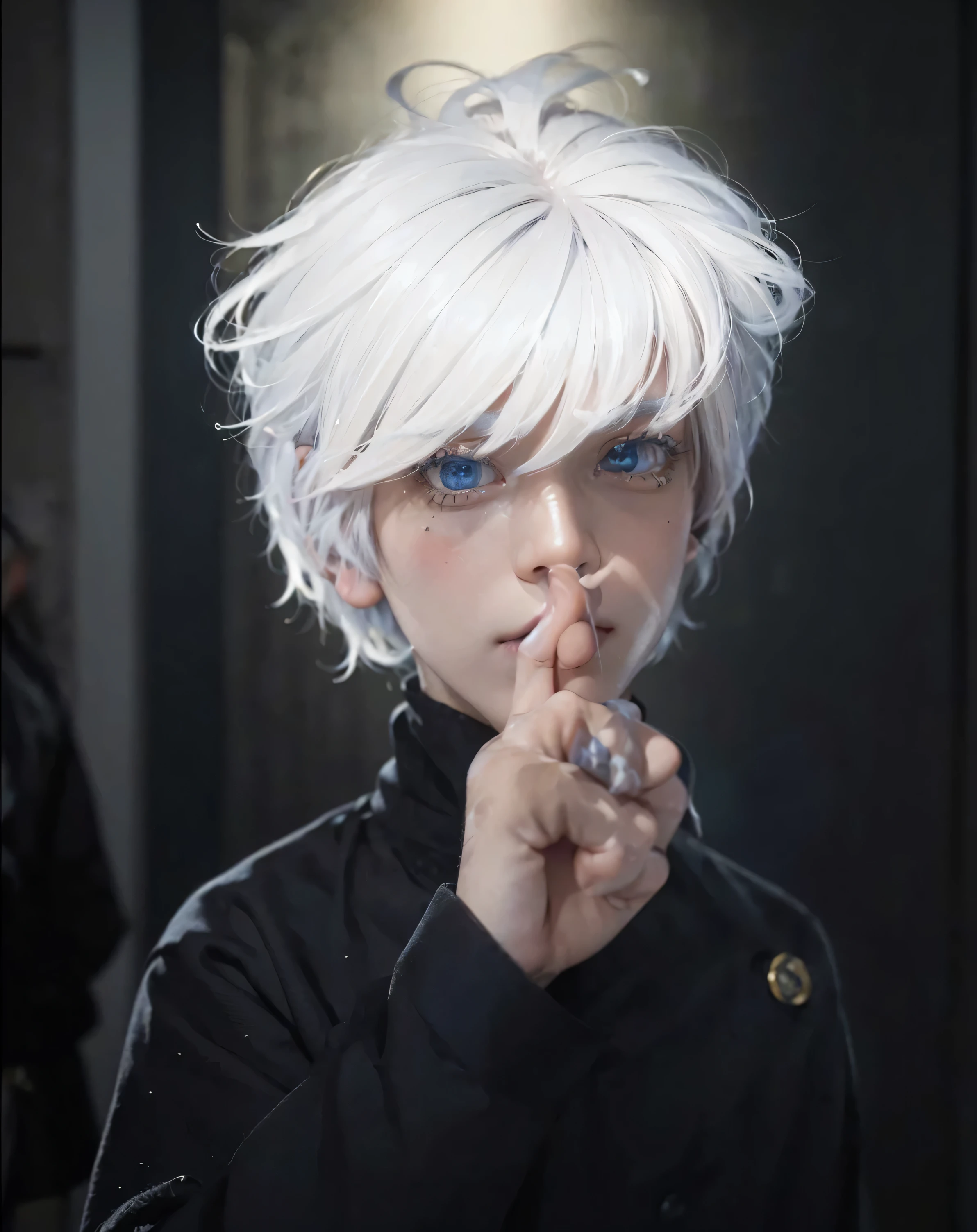 ( GOJO SATURO_JUJUTSU NO KAISEN),((realistic, photorealistic)),(highlight hair)), Light reflection, (( HD )),((upper body)), (((best quality, masterpiece))), (masterpiece) (best quality) (detail) (8k) (HDR) (wallpaper) (cinematic lighting) (sharp focuasterpiece, best quality: 1.1), Real life adaption of this character, realistic outfit, realistic shadow, realistic light, realism, hyper realistic, realistic background,realistic hair,(photorealistic:1.2), (masterpiece: 1.2), (best quality: 1.3), (clear details: 1.3), ((((ultra-detailed)))), ((detailed eyes)), (extremely detailed face:1.4), (highly detailed eyelash:1.6), Ada_re4, (sitting),(beautiful face:1.5), (Masterpiece, Top Quality: 1.2), (((satoru gojo, white hair, blue eyes, white eyelashes, white skin))), 1boy, simple background, smileIncrs404,english text,Written On Clothes,1male,portrait,satoru gojo,white hair,short hair,hair between eyes,blue eyes,colored eyelashses,(thumbs_up:1.4),(cowboy_shot:1.3),Shibuya station background,Stabbing the body