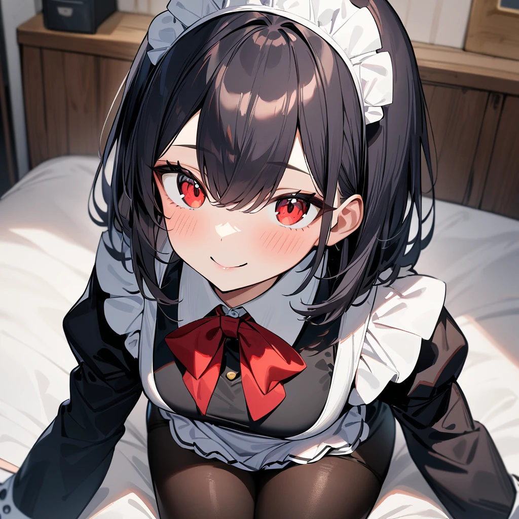 nsfw,1girl,Solo,Face focus,(:>=:1),irrumatio,(deepthroat:1.4),(Fellatio:1.5),(cheek_bulge),blackhair,purple red,Maid,black skirt,red bow,black Shiny pantyhose,Large sleeves,(1body:1.3),(erection),(looking_at_penis:1.3),(handsjob:1.5),masterpiece, best quality, very aesthetic, absurdres,pov Crotch,(Between legs:1.5),(Steaming body:1.5),(steam),(Sweaty),(cum:1.5)