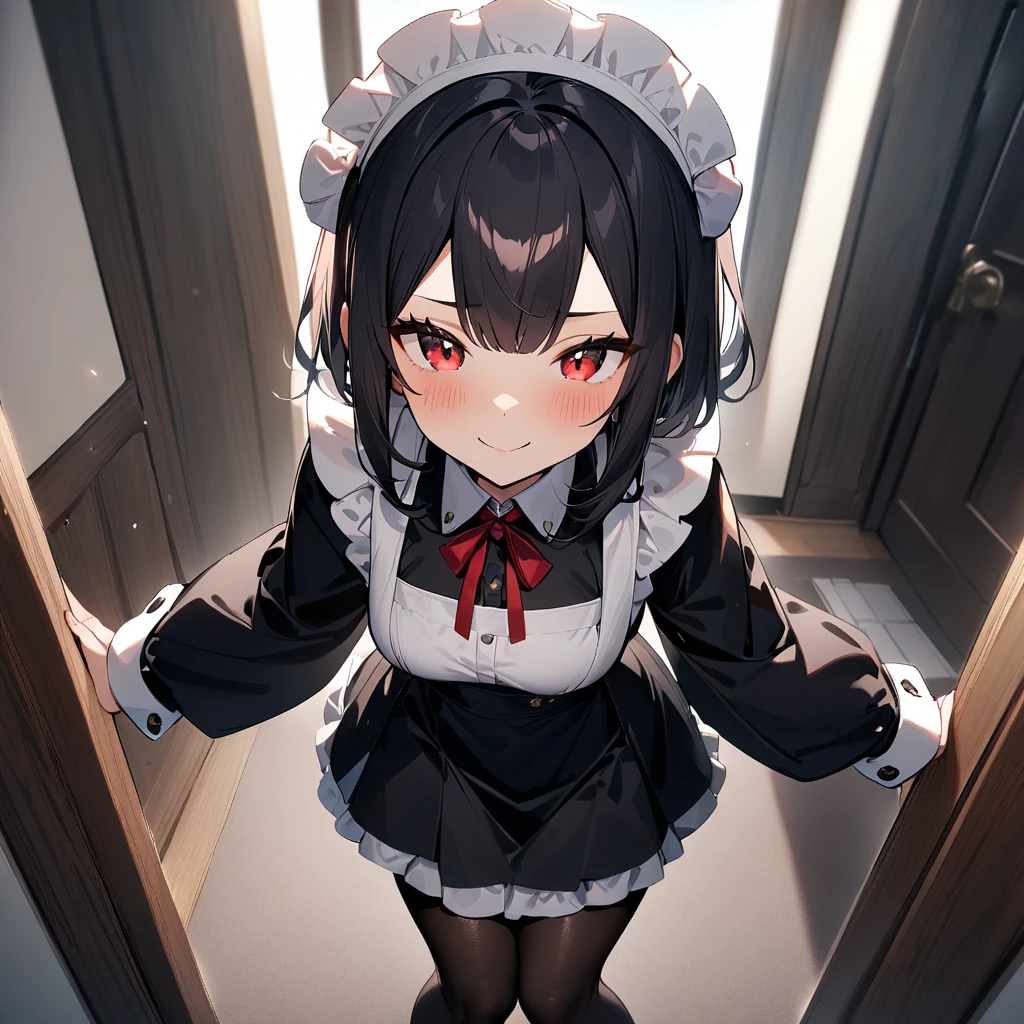 1girl,Solo,smile,blackhair,red eyes,purple and red,Maid,black skirt,black Shiny pantyhose,Large sleeves,masterpiece, best quality, very aesthetic, absurdres,pov Crotch