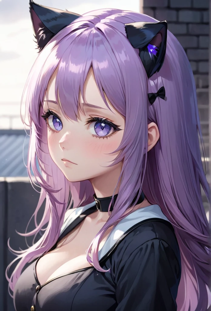 1girl, cat ears, long hair, bangs, light purple hair, gorgeous blue eyes, eyeliner, long lashes, sad, frown, collar, black top, breasts, gloomy and sad background, partial side profile, looking down