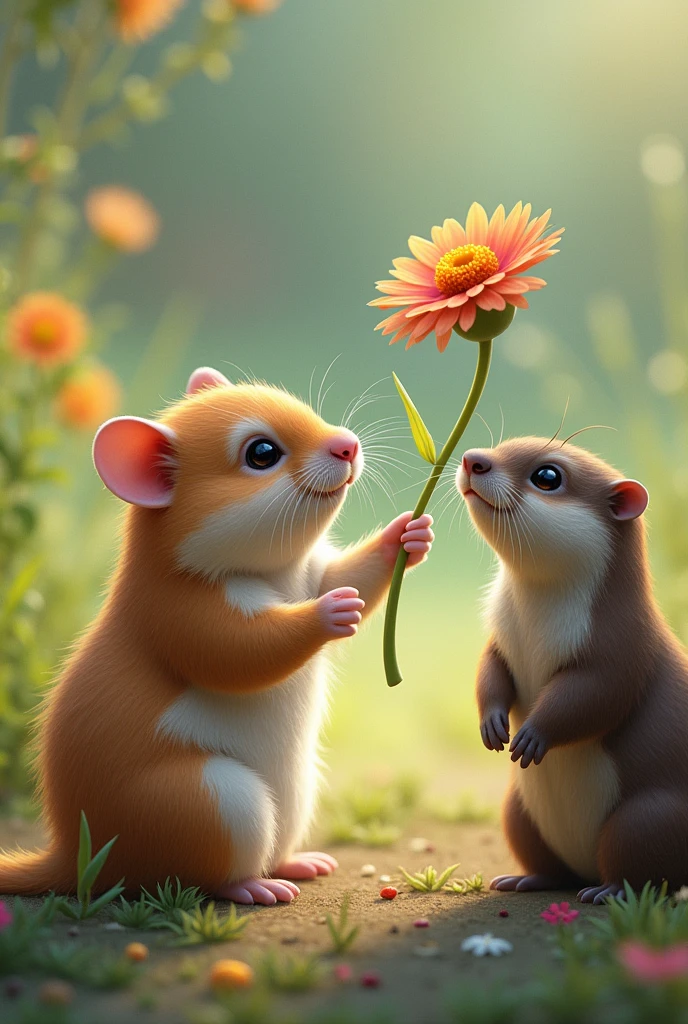 A Hamster pointing at a colorful flower while an Otter watches it.