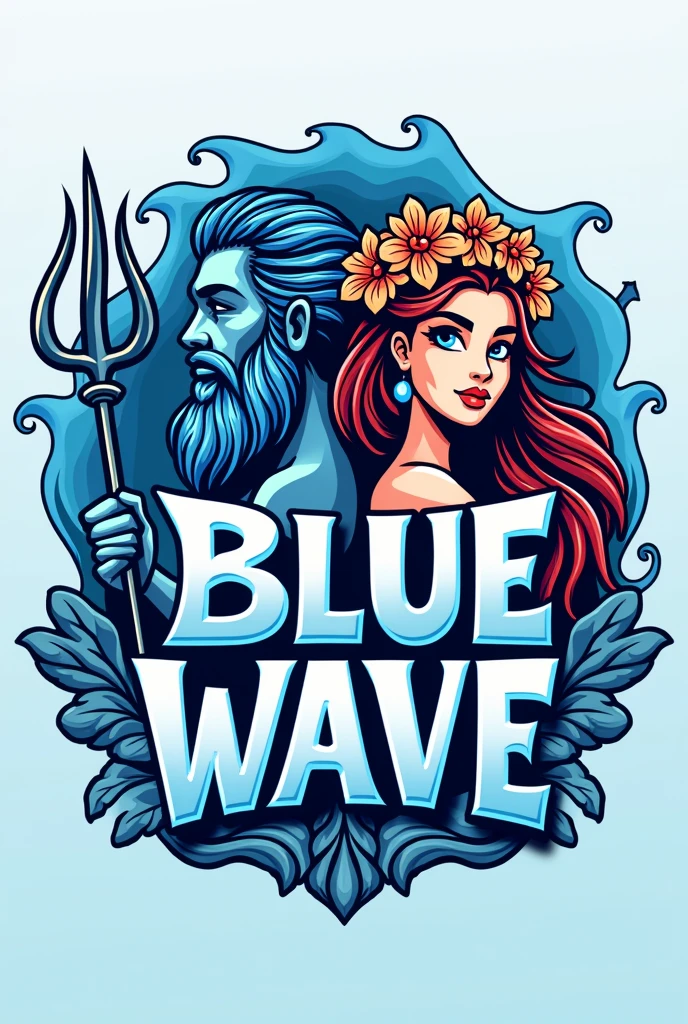 Create a logo for a school competition, put the name BLUE WAVE, put Poseidon and Iara too, don't put anything sexualized, put Poseidon with the trident and Iara with flowers