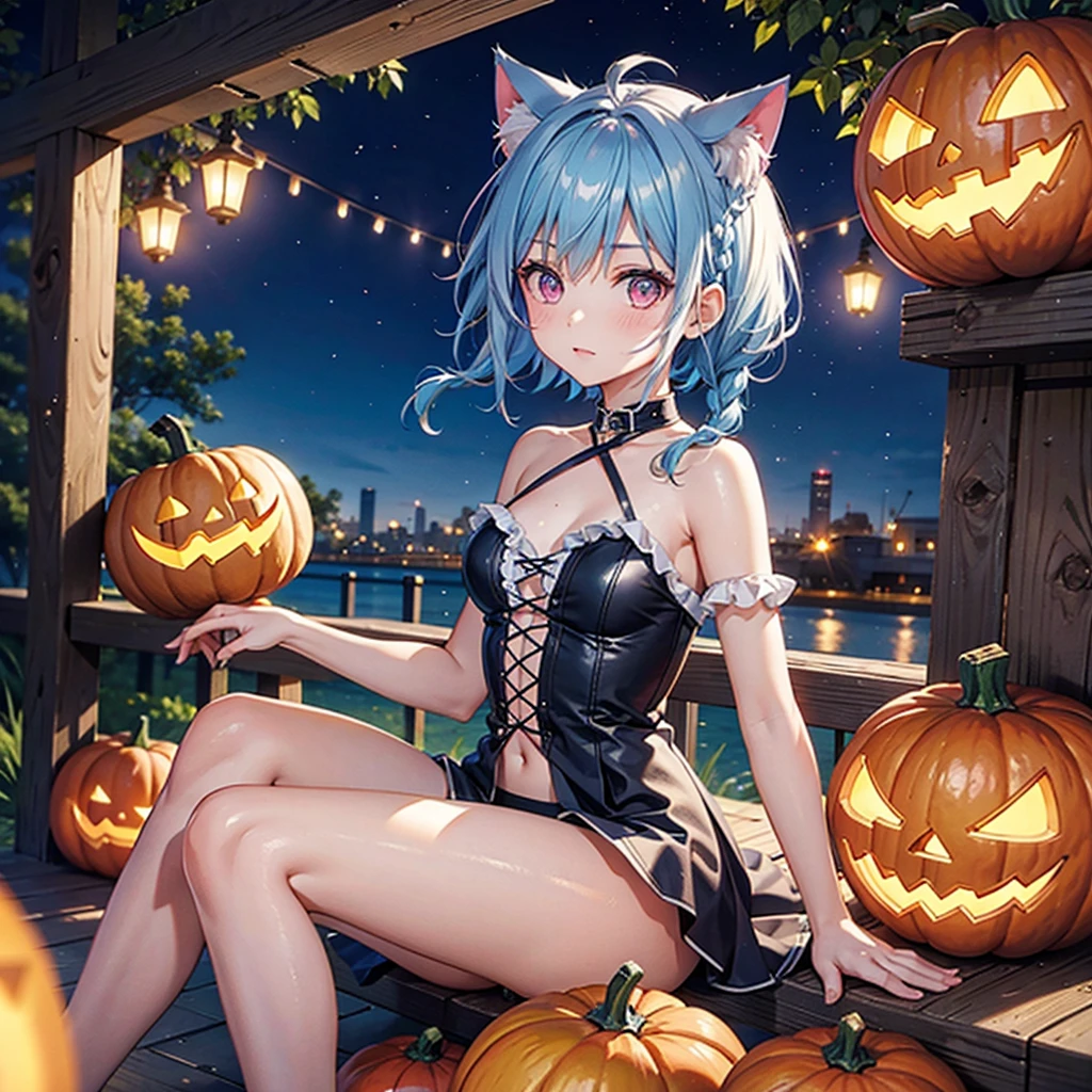 (Sky blue hair),(Braided short hair), (Pink Eyes),Fair skin) ,(whole body),(One Girl),(There are lots of pumpkin ghosts in the background),Cat ear,Cat's Tail,(Sailor suit),(Bruises and ugly faces),(Fall into Darkness),If you don't give me sweets, I'll play a prank on you.),(Halloween Night Party),(masterpiece, Highest quality, Very detailed, Best Shadow), (Detailed Background), (Beautifully detailed face), High Contrast, (Best lighting, Very delicate and beautiful), ((Cinematic Light)), Hyper Detail,8k, Dramatic Light, Intricate details,night,(Bats flying in the background),High quality