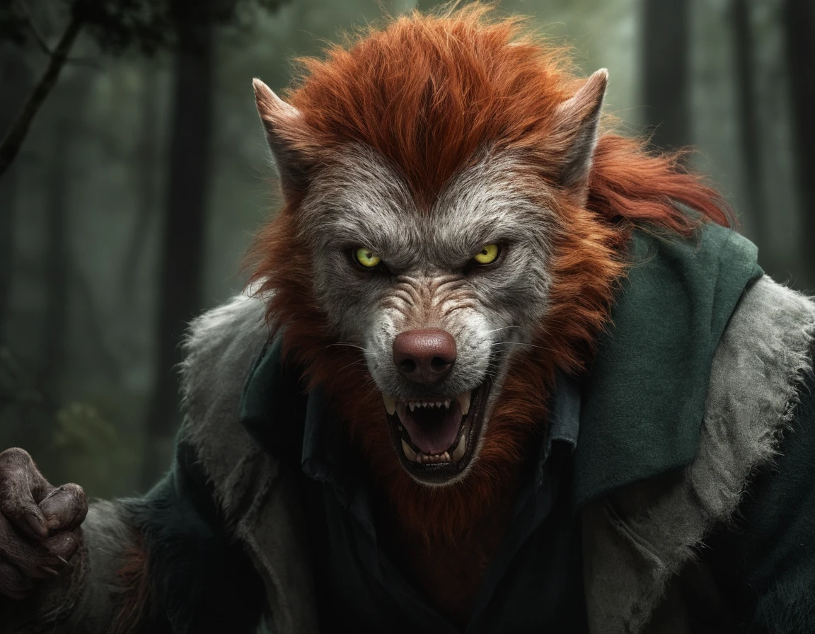 A digital painting of a ginger werewolf. The werewolf is wearing clothes that werewolves typically wear. Paint the scene in a realistic style with dark and muted colors, contrasting the green of the forest with the red hair of the werewolf. Emphasize the werewolf's powerful physique and piercing eyes. Focus on the symbolism of the werewolf as a symbol of strength and power.