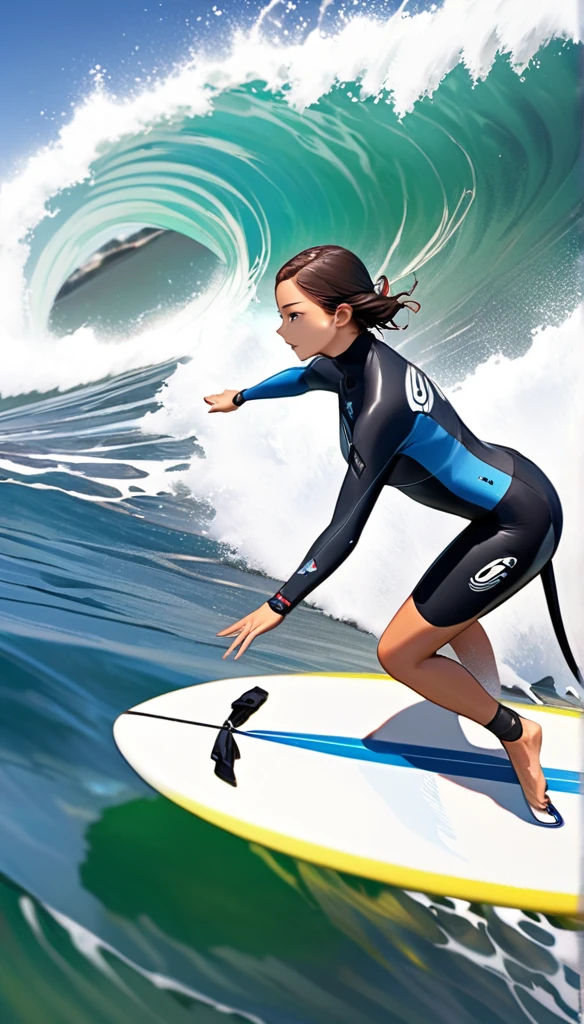 a dynamic sports photography scene, 1girl, Tracer surfing, powerful surfing scene, big wave, beautiful riding pose, stunning surfing riding, (best quality,4k,8k,highres,masterpiece:1.2),ultra-detailed,(realistic,photorealistic,photo-realistic:1.37),HDR,studio lighting,vivid colors,wet skin, bokeh,photography