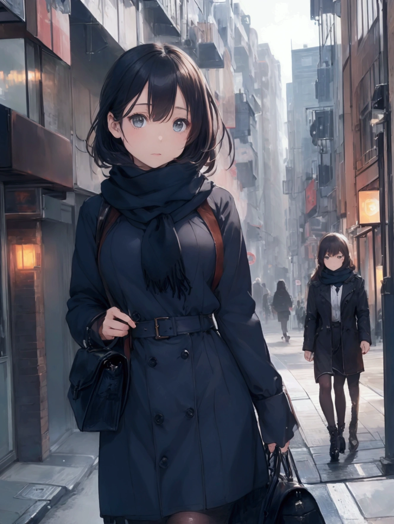8k, Highest quality, masterpiece, Realistic, Very detailed, photo Realistic, Improvement of quality, Wearing a scarf, going out in the city(image)Photo of a girl standing, designer&#39;Dark and gloomy style, big chunks, Photobash, Calm face, Jagged Edges, navy, Natural Beauty, Full Body Shot