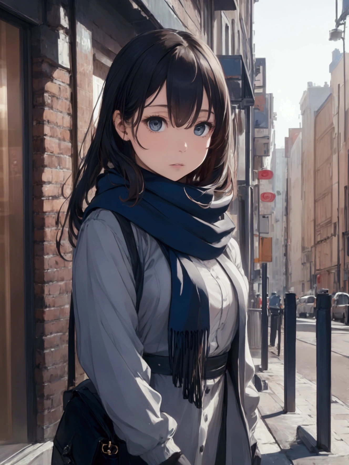 8k, Highest quality, masterpiece, Realistic, Very detailed, photo Realistic, Improvement of quality, Wearing a scarf, going out in the city(image)Photo of a girl standing, designer'Dark and gloomy style, big chunks, Photobash, Calm face, Jagged Edges, navy, Natural Beauty, Full Body Shot
