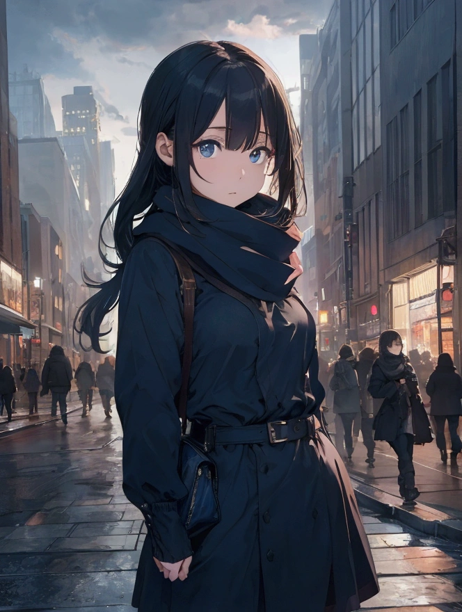 8k, Highest quality, masterpiece, Realistic, Very detailed, photo Realistic, Improvement of quality, Wearing a scarf, going out in the city(image)Photo of a girl standing, designer'Dark and gloomy style, big chunks, Photobash, Calm face, Jagged Edges, navy, Natural Beauty, Full Body Shot
