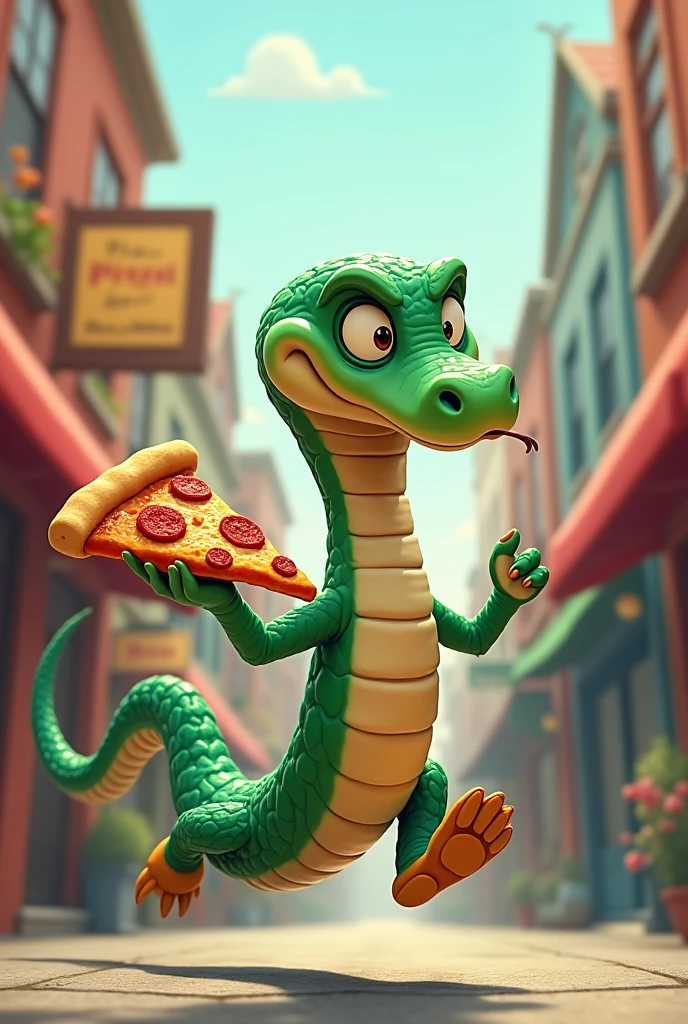 funny snake with armpit, running and holding pizza