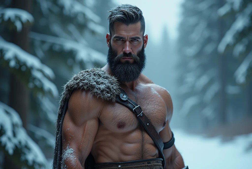 ((masterpiece)) ((details 4k)) ((ultra detailed)) ((extremely detailed CG unity 8k wallpaper)) ((vibrant colors)) ((man, 35 years, attractive manly face, with a bushy beard, hard look, detailed eyes, golden colored eyes, short hair, black hair.)) ((caucasian skin, muscled body, body hair, chest hair, thick arms, thick legs.)) ((wearing viking clothing, Minimal clothing, loincloth.)) ((Whole body)) ((scenery: forest in winter, with blue light))