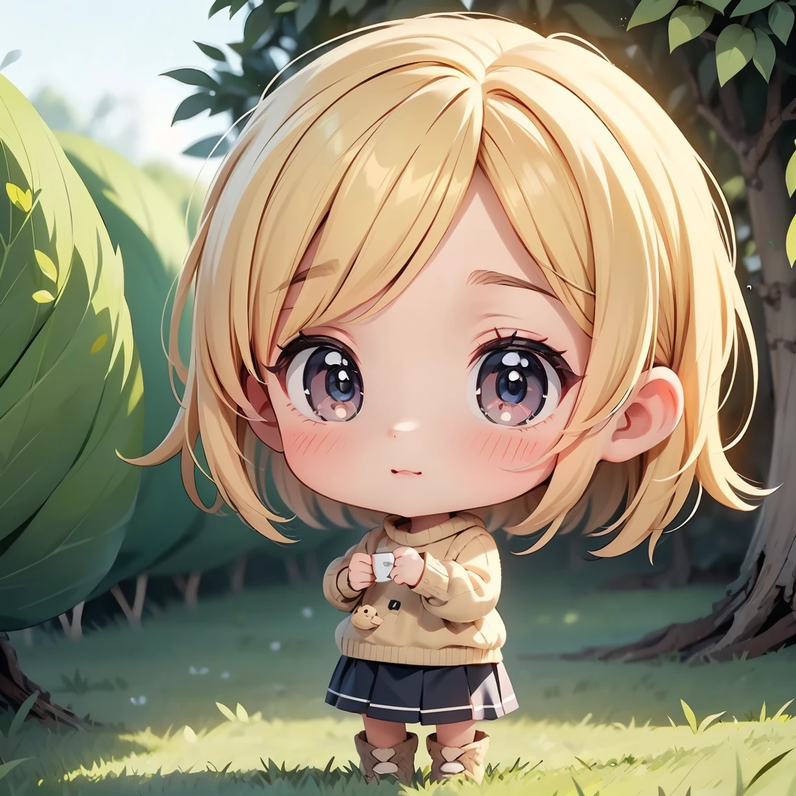 Super Chibi Character：1.8、Blonde Hair、Cute 7 year old girl、Knitted sweater、Wearing cute boots、Super Chibi Character：1.8、I&#39;m warming my hands with my breath、seems cold、Snow Scene、Cute knitted hat